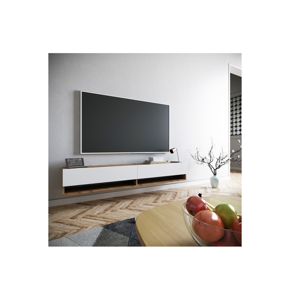 Mueble de TV de Pared Moderno Blanco-Roble - 180x31,5x29,5 cm - 2 Cajones y Estantes.