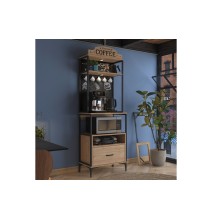 Buffet de Cocina con Estantes y Cajón en Melamina Color madera y Metal Negro, 70x40x205 cm, Almacenamiento en Cocinas